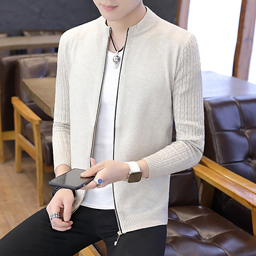

Men's Knitted Solid Color Cardigan Acrylic Fibers Long Sleeve Sweater Cardigans Stand Collar Fall Winter Black Wine Navy Blue
