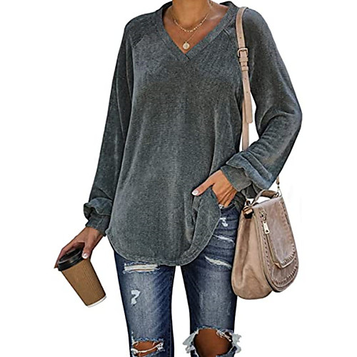

Women's T shirt Plain Long Sleeve V Neck Basic Tops Black Blue Red