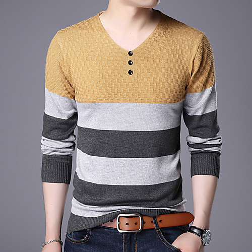 

Men's Pearl Trim Edge Basic Deep V Knitted Braided Polka Dot Striped Color Block Pullover Cotton Long Sleeve Sweater Cardigans V Neck Fall Winter Black Yellow Gray