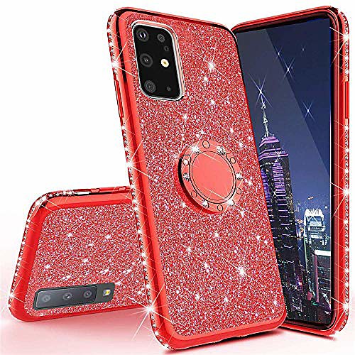 

samsung galaxy a31 phone case,girls glitter sparkle kickstand bling case luxury shiny crystal rhinestone diamond 360 degree ring grip magnetic bracket phone cover for samsung galaxy a31 hh red