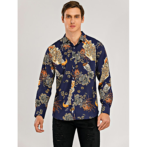 

Men's Shirt Floral Animal Plus Size Print Long Sleeve Daily Slim Tops Basic Spread Collar Navy Blue / Fall / Spring