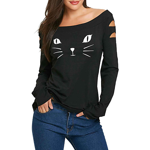 

Women's T shirt Cat Graphic Prints Long Sleeve Cut Out Print Off Shoulder Tops Basic Basic Top Black Red