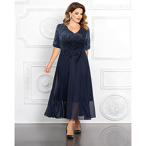 

A-Line Mother of the Bride Dress Plus Size Elegant V Neck Ankle Length Chiffon Sequined Half Sleeve with Appliques 2021
