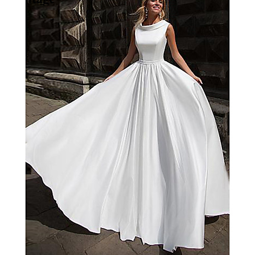 

A-Line Wedding Dresses Jewel Neck Court Train Satin Sleeveless Simple with Sashes / Ribbons 2021