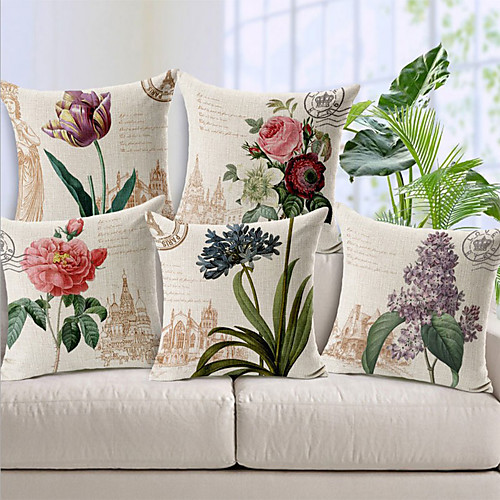 

Cushion Cover 5PCS Faux Linen Soft Decorative Square Throw Pillow Cover Cushion Case Pillowcase for Sofa Bedroom 45 x 45 cm (18 x 18 Inch) Superior Quality Mashine Washable Beauty Flowers Pattern