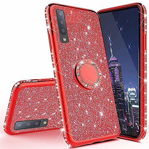 

hh xiaomi redmi note 8 pro phone case,glitter luxury bling diamond rhinestone bumper 360 degree ring grip kickstand protective thin cover for xiaomi redmi note 8 pro red