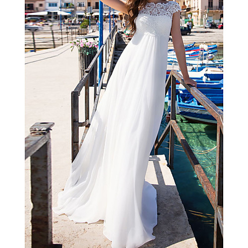 

A-Line Wedding Dresses Jewel Neck Court Train Chiffon Short Sleeve Beach with Lace Insert 2021
