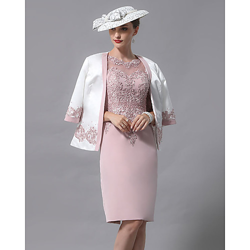 

Sheath / Column Mother of the Bride Dress Wrap Included Jewel Neck Knee Length Lace Jersey 3/4 Length Sleeve with Beading Appliques 2021