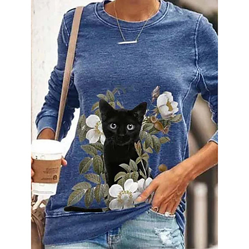 

Women's Pullover Sweatshirt Cat Daily Casual Hoodies Sweatshirts Cotton Slim Blue
