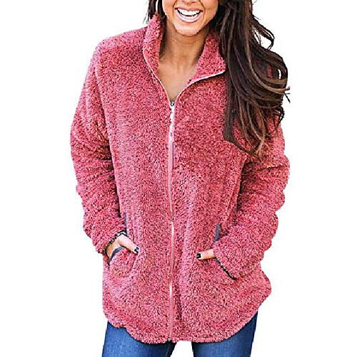 

women's fleece long sleeve lapel zip up faux shearling shaggy coat jacket with pockets warm winter size l red