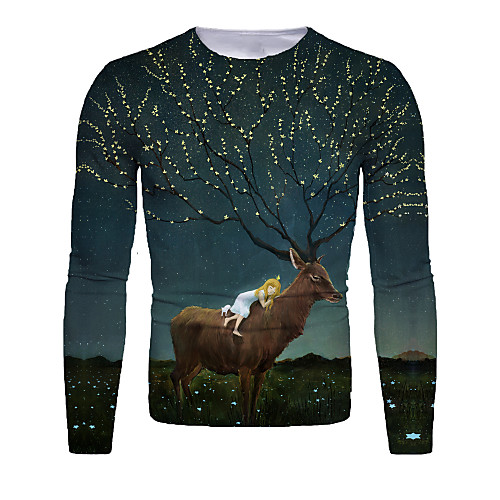 

Men's T shirt 3D Print Graphic 3D Animal Print Long Sleeve Christmas Tops Green