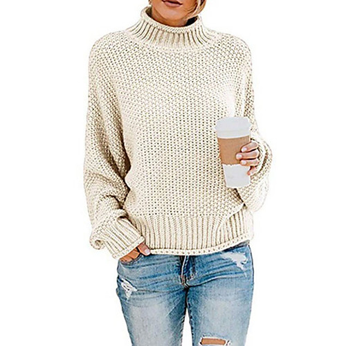 

Women's Stylish Knitted Solid Color Pullover Long Sleeve Sweater Cardigans Turtleneck Fall Winter White Black Purple
