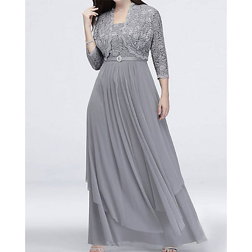 

Two Piece A-Line Mother of the Bride Dress Wrap Included Straps Floor Length Chiffon Lace 3/4 Length Sleeve with Sash / Ribbon Appliques 2021