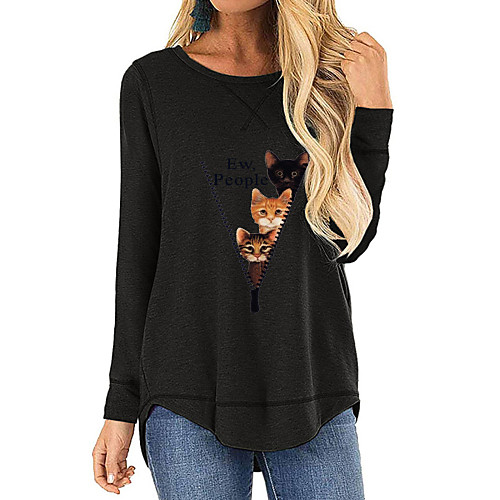 

Women's Blouse Shirt Graphic Prints Long Sleeve Print Round Neck Basic Tops Cotton Black Blue Army Green
