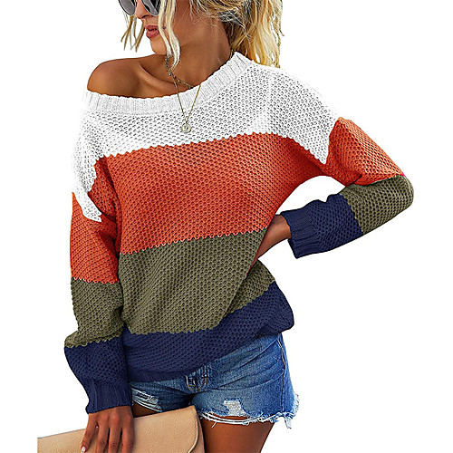 

Women's Knitted Color Block Sweater Long Sleeve Sweater Cardigans Crew Neck Fall Winter Blue Yellow Blushing Pink