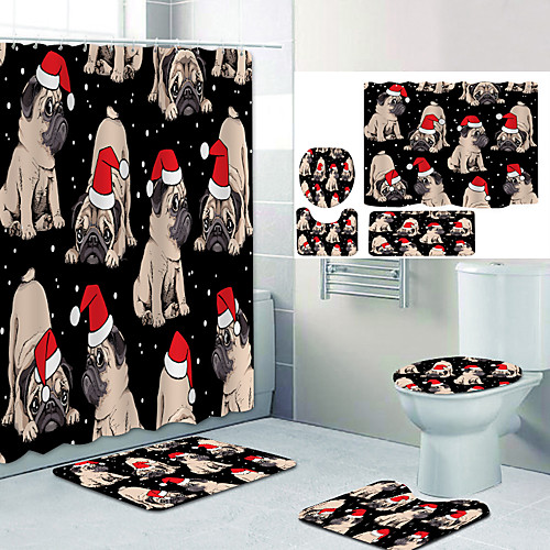 

Christmas Hat Dog Digital Printing Four-piece Set Shower Curtains and Hooks Modern Polyester Machine Made Waterproof Bathroom