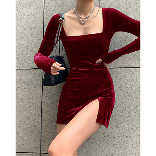 

Women's Sheath Dress Short Mini Dress Black Red Brown Long Sleeve Solid Color Split Summer Square Neck Sexy Skinny 2021 S M L XL