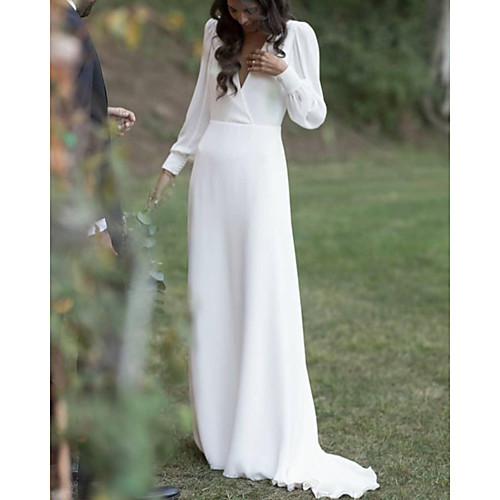 

Sheath / Column Wedding Dresses V Neck Court Train Charmeuse Long Sleeve Simple with 2021