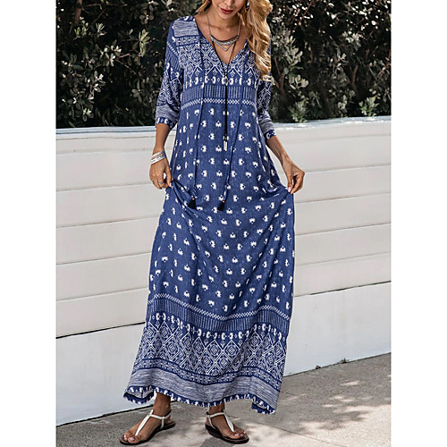 

Women's Shift Dress Maxi long Dress Blue 3/4 Length Sleeve Print Lace up Print Fall Spring V Neck Casual Holiday 2021 M L XL XXL 3XL