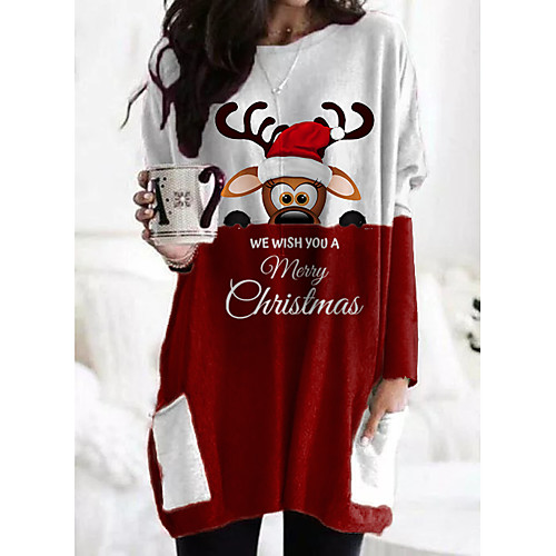 

Women's Christmas T shirt Dress Plaid Graphic Prints Reindeer Long Sleeve Pocket Patchwork Print Round Neck Tops Basic Christmas Basic Top White Black Red