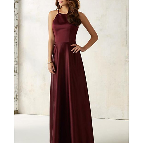 

A-Line Jewel Neck Floor Length Stretch Satin Bridesmaid Dress with