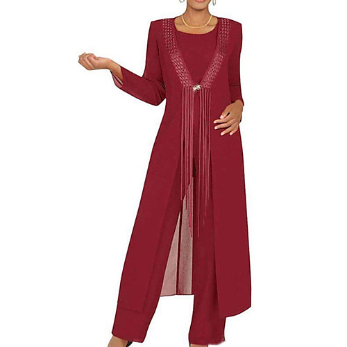

Two Piece A-Line Mother of the Bride Dress Elegant Vintage Jewel Neck Floor Length Chiffon Long Sleeve with Pleats 2021