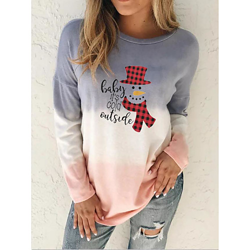 

Women's Christmas Tunic Color Gradient Tie Dye Letter Long Sleeve Print Round Neck Christmas Tops Blue Purple Khaki
