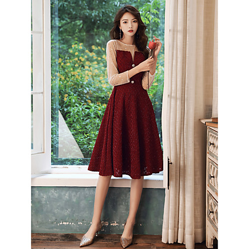 

A-Line Glittering Minimalist Party Wear Cocktail Party Dress Jewel Neck Long Sleeve Knee Length Lace with Buttons Sequin Lace Insert 2021