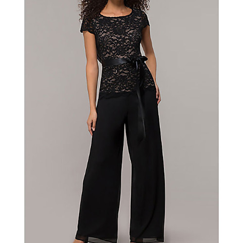

Two Piece Pantsuit / Jumpsuit Mother of the Bride Dress Plus Size Jewel Neck Floor Length Chiffon Crepe Lace Short Sleeve with Lace Sash / Ribbon 2021
