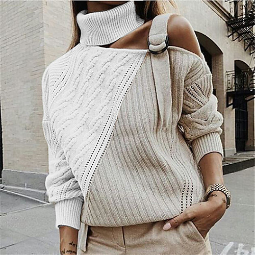 

Women's Color Block Pullover Long Sleeve Sweater Cardigans Turtleneck Black Blushing Pink Brown