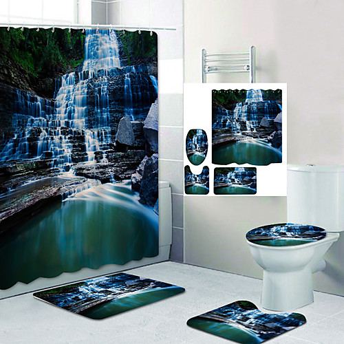 

Mountain Waterfall Digital Printing Four-piece Set Shower Curtains and Hooks Modern Polyester Machine Made Waterproof Bathroom