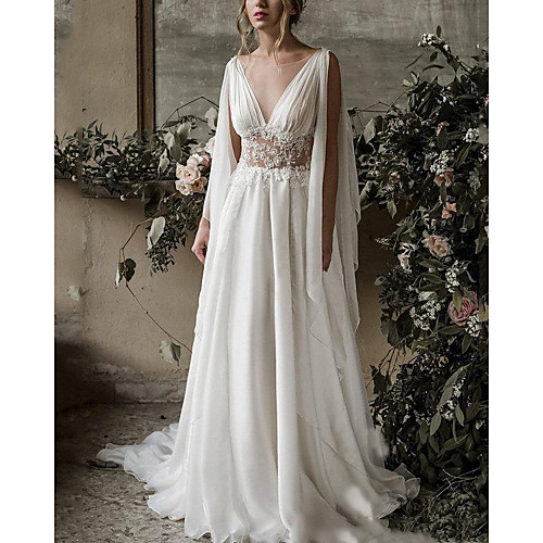 

A-Line Wedding Dresses Jewel Neck Chapel Train Chiffon Sleeveless Beach with Pleats Lace Insert 2021