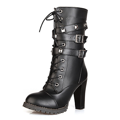 

Women's Boots Chunky Heel Round Toe Booties Ankle Boots Daily Walking Shoes PU Rivet Buckle Lace-up Solid Colored Winter Black Brown / Mid-Calf Boots