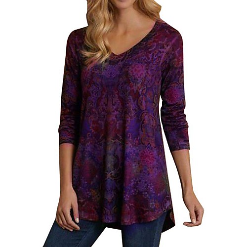

Women's Plus Size Blouse Shirt Floral Color Block Long Sleeve Patchwork Print V Neck Tops Blue Purple Wine