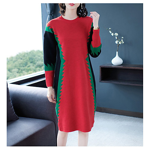 

Women's A Line Dress Knee Length Dress Black Red Long Sleeve Print Patchwork Print Fall Round Neck Casual Slim 2021 M L XL XXL 3XL 4XL