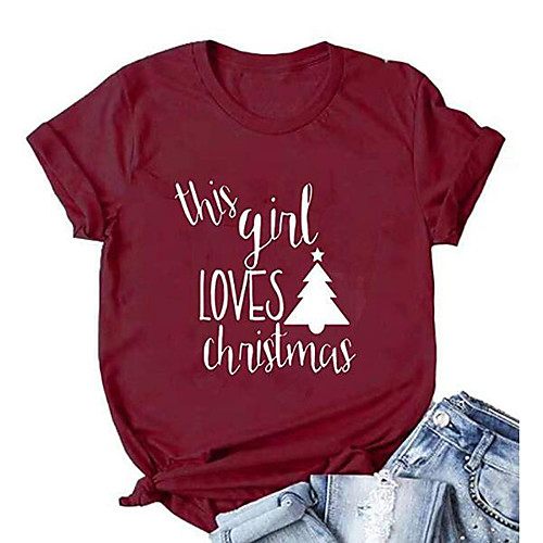 

Women's Christmas T shirt Graphic Graphic Prints Letter Print Round Neck Tops 100% Cotton Basic Christmas Basic Top Black Red Yellow