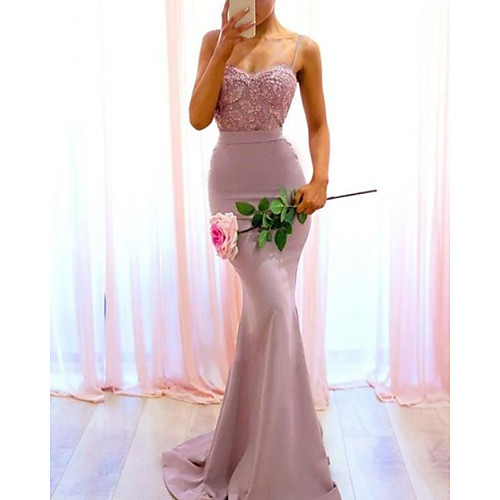 

Mermaid / Trumpet Spaghetti Strap Sweep / Brush Train Lace / Satin Bridesmaid Dress with Lace / Appliques