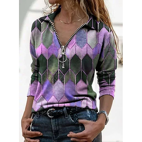 

Women's Blouse Shirt Color Block Long Sleeve Patchwork Print V Neck Tops Blue Purple Yellow