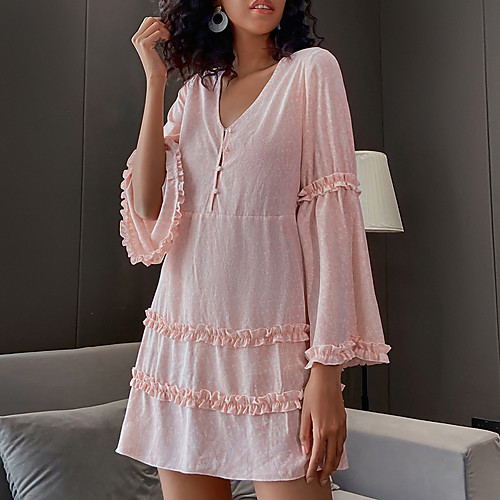 

Women's Sheath Dress Short Mini Dress Blushing Pink Long Sleeve Print Button Fall Spring V Neck Casual Sexy Party Flare Cuff Sleeve 2021 S M L