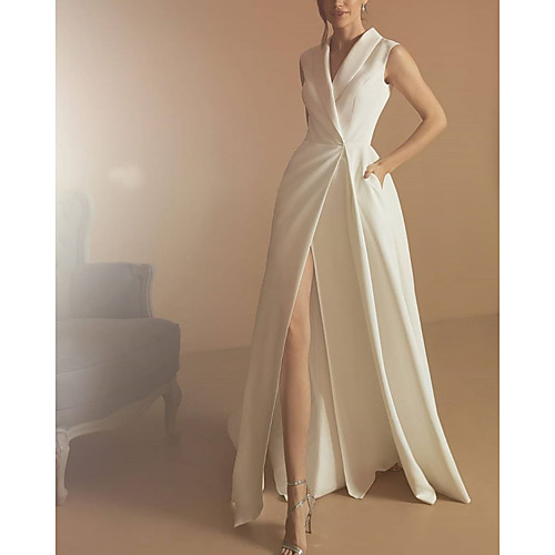 

A-Line Wedding Dresses V Neck Floor Length Satin Sleeveless Simple with Split Front 2021