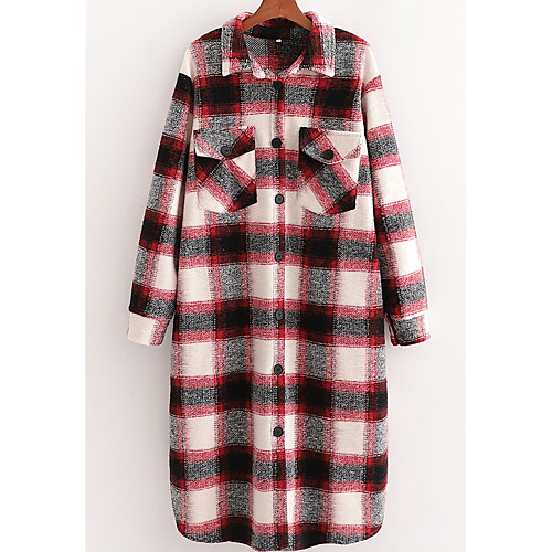 

Women's Coat Daily Fall & Winter Long Coat Shirt Collar Regular Fit Jacket Long Sleeve Plaid Red