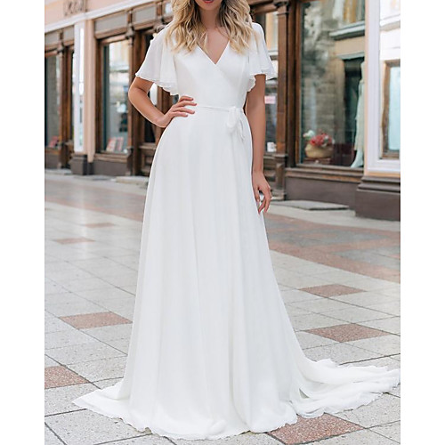 

A-Line Wedding Dresses V Neck Sweep / Brush Train Chiffon Short Sleeve Beach with Sashes / Ribbons 2021
