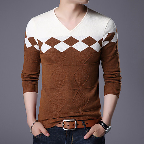 

Men's Wedding Distressed Knitted Braided Color Block Geometric Pullover Sweater Long Sleeve Sweater Cardigans V Neck Fall Winter Yellow Wine Camel