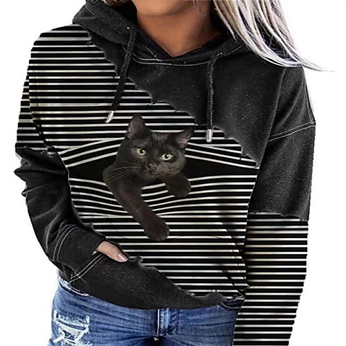 

Women's Pullover Hoodie Sweatshirt Cat Stripes Graphic Daily Casual Hoodies Sweatshirts Loose Black