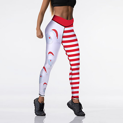 

Women's Sporty Comfort Sports Christmas Yoga Leggings Pants Striped Patterned Ankle-Length Print White Black Red