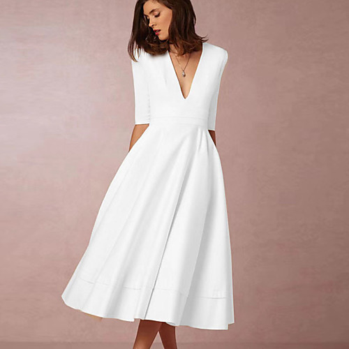

Women's Swing Dress Midi Dress White Half Sleeve Solid Color Patchwork Fall V Neck Elegant Party Slim 2021 S M L XL XXL 3XL