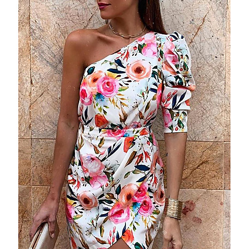 

Women's Sheath Dress Short Mini Dress Blushing Pink Half Sleeve Floral Tie Dye Backless Patchwork Print Spring Summer One Shoulder Hot Sexy Party Going out Slim 2021 S M L XL