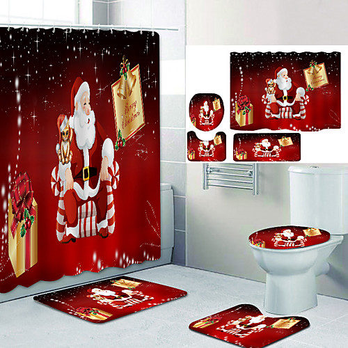 

Christmas Santa Golden Kitten Digital Printing Four-piece Set Shower Curtains and Hooks Modern Polyester Machine Made Waterproof Bathroom