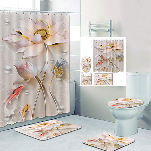 

Lotus Fish Digital Printing Four-piece Set Shower Curtains and Hooks Modern Polyester Machine Made Waterproof Bathroom