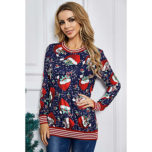 

Women's T shirt Graphic Prints Long Sleeve Print Round Neck Tops Christmas Basic Top Black Blue